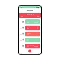 modelo de vetor de interface de smartphone de aplicativo de lembrete. layout de design branco de página de calendário móvel. eventos, datas, tela do gerenciador de tarefas. aplicativo de agendamento de interface do usuário plana. plano de gerenciamento de tempo na tela do telefone