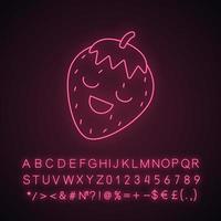 personagem de luz neon kawaii fofo de morango. baga com rosto sorridente. comida feliz. emoji engraçado, emoticon, sorriso. ícone brilhante com alfabeto, números, símbolos. ilustração vetorial isolada vetor