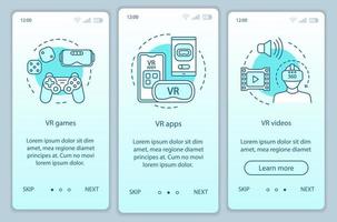 programas de realidade virtual que integram a tela da página do aplicativo móvel com conceitos lineares. vr entretenimento. jogos vr, aplicativos, vídeos passo a passo instruções gráficas. ux, ui, modelo de vetor gui com ícones