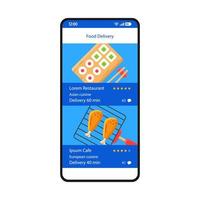 modelo de vetor de interface de smartphone de entrega de alimentos. layout de design branco da página do aplicativo móvel. tela de serviço de pedidos de comida online. interface do usuário plana para aplicação. menu de restaurantes asiáticos e europeus. visor do telefone