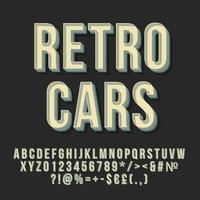 letras de vetor 3d de carros retrô. fonte em negrito vintage. texto estilizado de arte pop. letras de estilo da velha escola, números, pacote de símbolos. Cartaz dos anos 90, banner, design de tipografia de tabuleta. fundo de cor cinza escuro