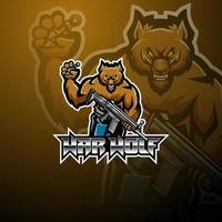 design de logotipo de mascote de esportes de lobo de guerra