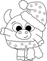 touro bonito em um chapéu de natal em preto e branco vetor