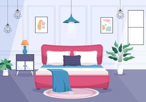 interior de quarto aconchegante com móveis como cama, guarda-roupa, mesa de cabeceira, vaso, lustre em estilo moderno em ilustração vetorial de desenho animado vetor