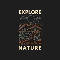 explorar a natureza. distintivo com montanhas, estrada e lua no estilo doodle. vetor