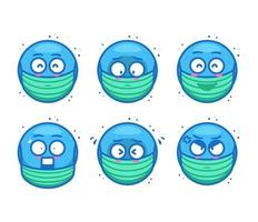 conjunto de expressão de emoticon emoji azul de máscara facial médica vetor