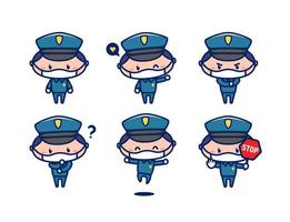 personagem de mascote de policial bonito no estilo chibi usar máscara facial vetor