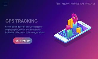 smartphone 3d isométrico com aplicativo de navegação gps, rastreamento. celular com aplicativo de mapa. desenho vetorial vetor