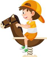 menino dos desenhos animados andando no cavalo de balanço da primavera vetor