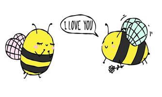 a abelha diz eu te amo. inseto bonito com cartão postal de coração, cartaz dia dos namorados, plano de fundo. mão desenhada ilustração vetorial. vetor