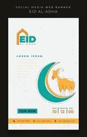 modelo de banner para férias eid al adha com cabra e crescente em design de fundo branco vetor