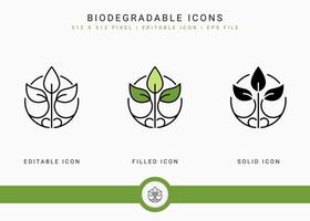 ícones biodegradáveis definir ilustração vetorial com estilo de linha de ícone sólido. reciclar o conceito de folha. ícone de traçado editável em fundo branco isolado para web design, interface de usuário e aplicativo móvel vetor