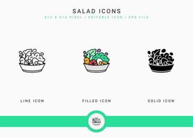 ícones de salada definir ilustração vetorial com estilo de linha de ícone sólido. conceito de comida de dieta vegetariana. ícone de traçado editável em fundo branco isolado para web design, interface de usuário e aplicativo móvel