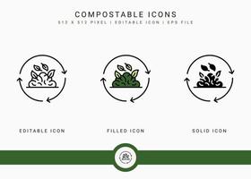 ícones compostáveis definir ilustração vetorial com estilo de linha de ícone sólido. conceito de bio decomposição. ícone de traçado editável em fundo isolado para web design, infográfico e aplicativo móvel ui. vetor