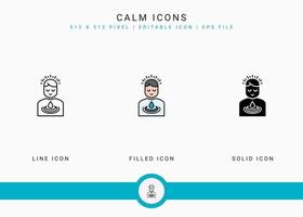 ícones calmos definir ilustração vetorial com estilo de linha de ícone sólido. meditando o conceito de energia. ícone de traçado editável em fundo isolado para web design, interface de usuário e aplicativo móvel vetor