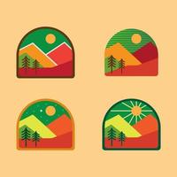 conjunto de quatro emblemas de viagens de montanha. emblemas de aventura ao ar livre de acampamento, emblemas e patches de logotipo. turismo de montanha, caminhadas. design de camiseta de arte da floresta vetor