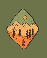 montanha e árvore acampamento natureza aventura à noite distintivo de linha selvagem pino de remendo ilustração gráfica arte vetorial design de camiseta vetor