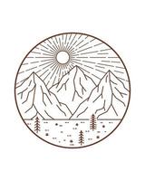 ilustração de paisagem de três montanhas e pinheiros em dia brilhante - arte de linha mono, ilustração vetorial abstrata, arte de camiseta, vetor de design