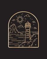 ilustração de paisagem de farol e céu com nuvem em arte de linha mono, ilustração vetorial abstrata, arte de camiseta, vetor de design