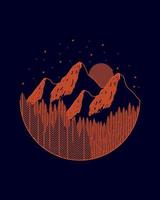 ilustração de montanha e pinheiros em arte de linha mono, design de crachá, arte de camiseta, design de camiseta vetor