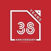 Design de estilo de logotipo de comemoração de aniversário de 38 anos com número vinculado na praça isolada em fundo vermelho. saudação de feliz aniversário celebra ilustração de design de evento vetor