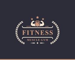 centro de fitness de emblema retrô vintage e logotipos de ginásio de esporte tipográficos com sinais e silhuetas de equipamentos esportivos vetor