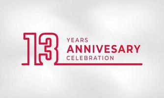 Celebração de aniversário de 13 anos vinculada ao contorno do logotipo cor vermelha para evento de celebração, casamento, cartão de felicitações e convite isolado no fundo de textura branca vetor