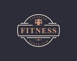 centro de fitness de emblema retrô vintage e logotipos de ginásio de esporte tipográficos com sinais e silhuetas de equipamentos esportivos vetor