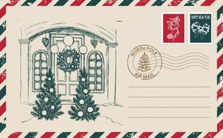 correio de natal, cartão postal, ilustração desenhada à mão. vetor