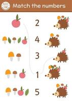 combine o jogo de números com maçãs, cogumelos e ouriço engraçado. atividade matemática da floresta para crianças pré-escolares com animal da floresta fofo. planilha de contagem para impressão educacional para crianças vetor