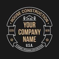 identidade de empresa de construção de casas com casa americana suburbana. ilustração vetorial. distintivo de linha fina, sinal para negócios relacionados a imóveis, construção e empresa de construção. vetor