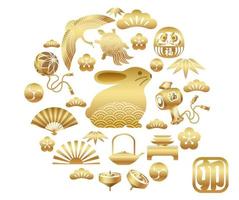 o ano do ícone do coelho e outros amuletos da sorte vintage japoneses comemorando o ano novo. tradução de texto - fortuna. o Coelho. vetor