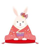 o ano do mascote coelho vestido com quimono japonês oferecendo seus cumprimentos de ano novo. vetor