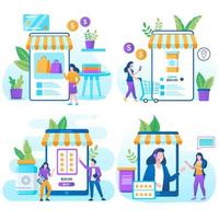 e-shop, conceito de compras com personagens. pagamento de checkout comercial, varejo de comércio eletrônico no dispositivo para aplicação do cliente. desconto para compra inteligente de mulher. ilustração vetorial plana vetor