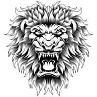 estilo de tatuagem de vetor de cabeça de leão com raiva em preto e branco