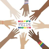 feliz mês do orgulho, lgbt. mãos reutilizáveis com pulseiras de arco-íris. ilustração vetorial. vetor