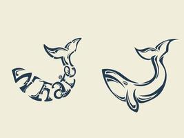 logotipo de design de arte de linha e vetor de texto de efeito de baleia