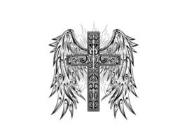 tatuagem de cruz sagrada com asas de anjo vetor preto e branco grátis