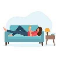 mulher grávida descansar em casa. a linda mulher deitada no sofá e lendo um livro. ilustração vetorial vetor