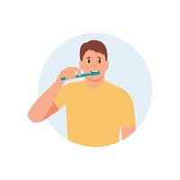 homem escova os dentes com escova de dentes. higiene bucal e conceito de procedimentos odontológicos. ilustração vetorial fofa em apartamento
