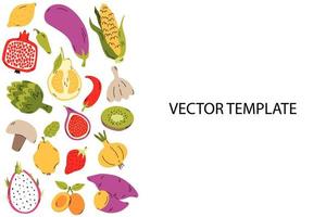 modelo de quadro de alimentos orgânicos, frutas e legumes desenhados à mão para capa de menu, banner ou folheto. ilustração vetorial dos desenhos animados. vetor