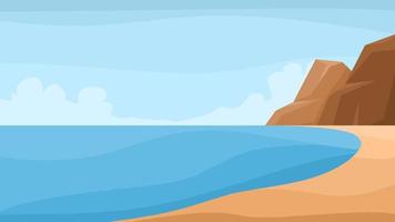 ilustração de cena de praia tranquila com céu azul claro e duas colinas ao lado vetor