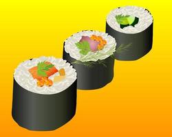 três rolos de sushi no fundo branco vetor
