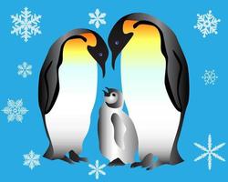 dois pinguins e seu filhote em um fundo azul vetor