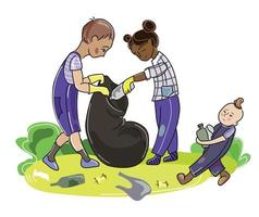 crianças coletam lixo em um saco para limpar o parque ou ilustração vetorial de rua Voluntários de crianças multirraciais dos desenhos animados trabalhando juntos limpando e protegendo o meio ambiente