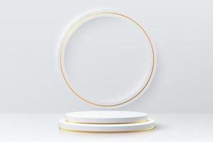 pódio de pedestal de cilindro branco realista com anel de círculo dourado na parede. quarto de estúdio abstrato de vetor com formas geométricas 3d. cena mínima de luxo para vitrine de produtos de maquete, exibição de promoção.