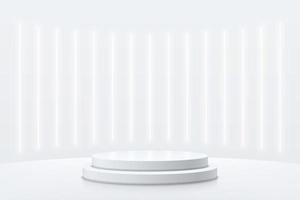 pódio de pedestal de cilindro branco e prateado realista com cena de lâmpada de néon vertical. quarto futurista abstrato de vetor com formas geométricas 3d. cena mínima para vitrine de produtos de maquete, exibição de promoção.