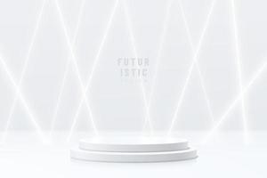 pódio de pedestal de cilindro de prata realista com sobreposição de cena de lâmpada de néon brilhante. quarto futurista abstrato de vetor com formas geométricas 3d. cena mínima para vitrine de produtos de maquete, exibição de promoção.