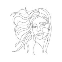 linha contínua, uma linha, desenho de rosto e penteado, conceito de moda, beleza feminina minimalista, ilustração vetorial de estoque para camiseta, estilo gráfico de impressão de design de slogan vetor