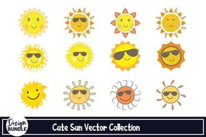 design de vetor de sol bonito para adesivo de mídia social. design de sol com sombra de cor amarela e laranja e óculos de sol legais. coleção de vetores de sol bonito com rostos de sol felizes.